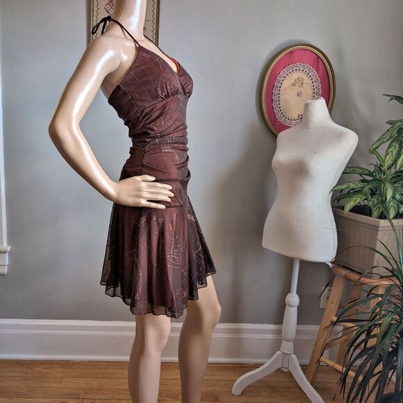 Vintage 90s Taboo Mini Dress Party Drop Waist Glitter Trashy Brown Size M - Picture 3 of 11